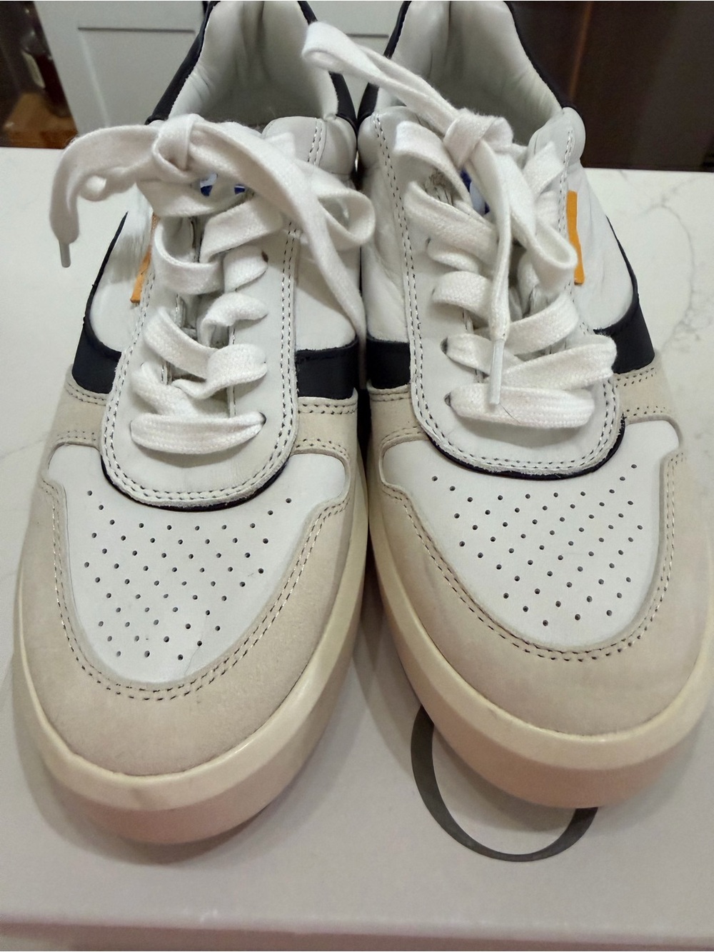 Women's White and Black Leather Platform Sneakers - Picture 2 of 5